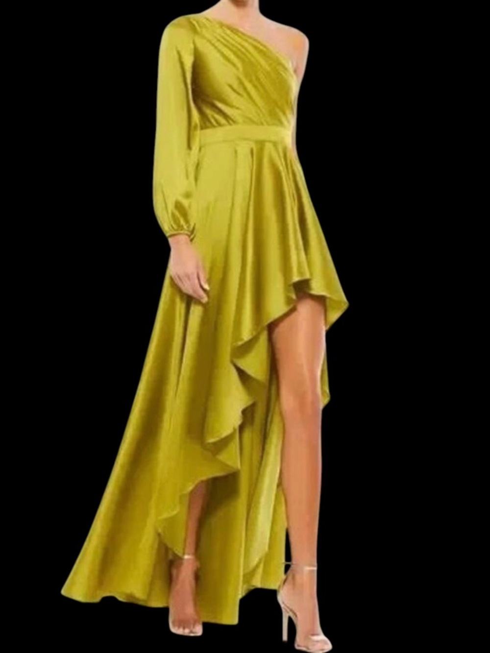 Mac Duggal 49141 Chartreuse Green High Low One Shoulder Satin Gown NWT